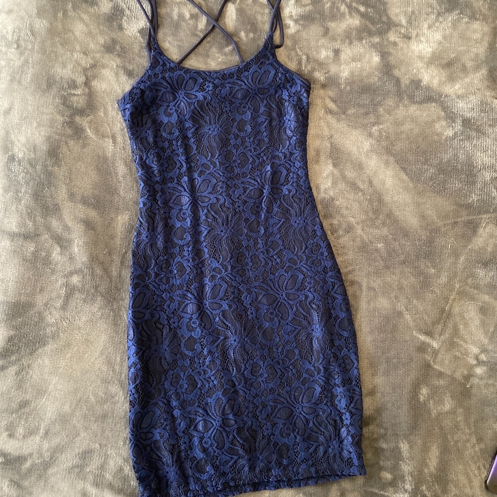 Navy blue lace spaghetti strap dress